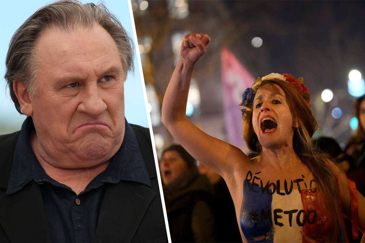 Gérard Depardieu, 2015; Femen-Aktivistin bei einer Protestaktion gegen Depardieu, 11. Januar 2024 in Paris