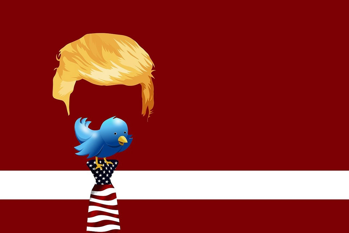 Illustration mit Frisur von Donald Trump, Krawatte und Vögelchen