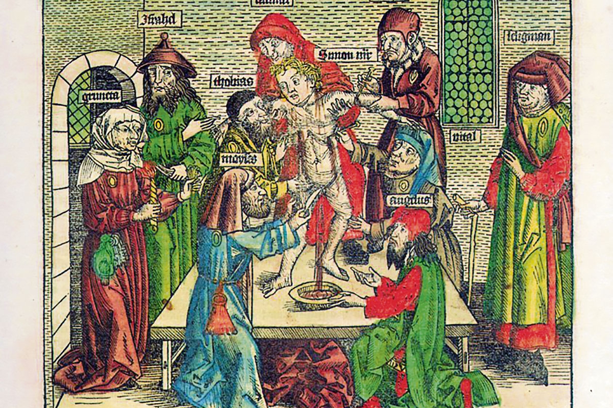 Die Illustration aus Hartmann Schedels Weltchronik von 1493 zeigt einen angeblichen Ritualmord an einem christlichen Kind 1475 in Trient