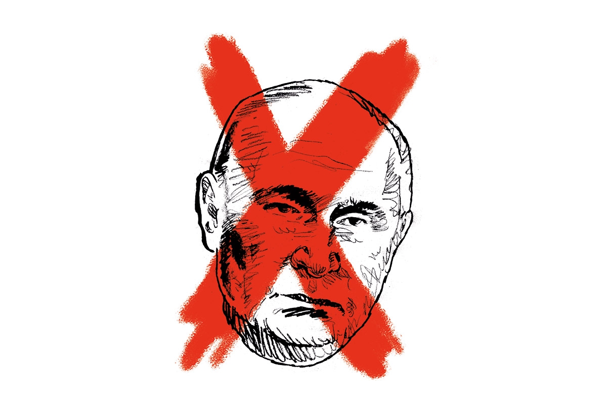 Zeichnung von Wladimir Putins Kopf mit rot ausgekreuzt