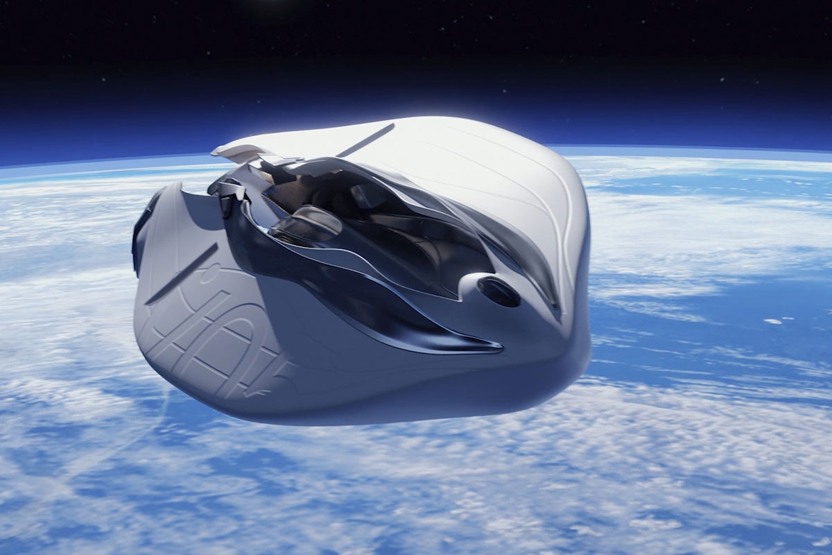 Ein Raumschiff, dessen Form an eine Vulva erinnern soll