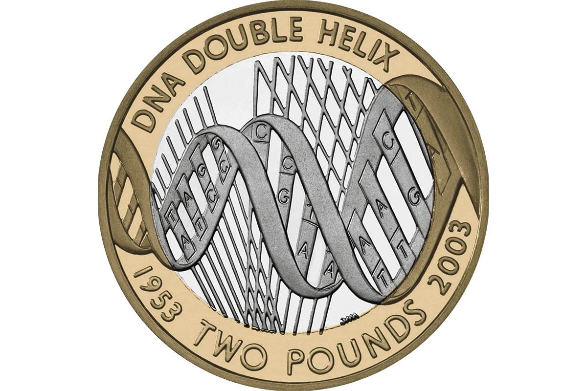 Britische Zweipfundmünze zum fünfzigjährigen Jubiläum der Entdeckung der DNA-Doppelhelix