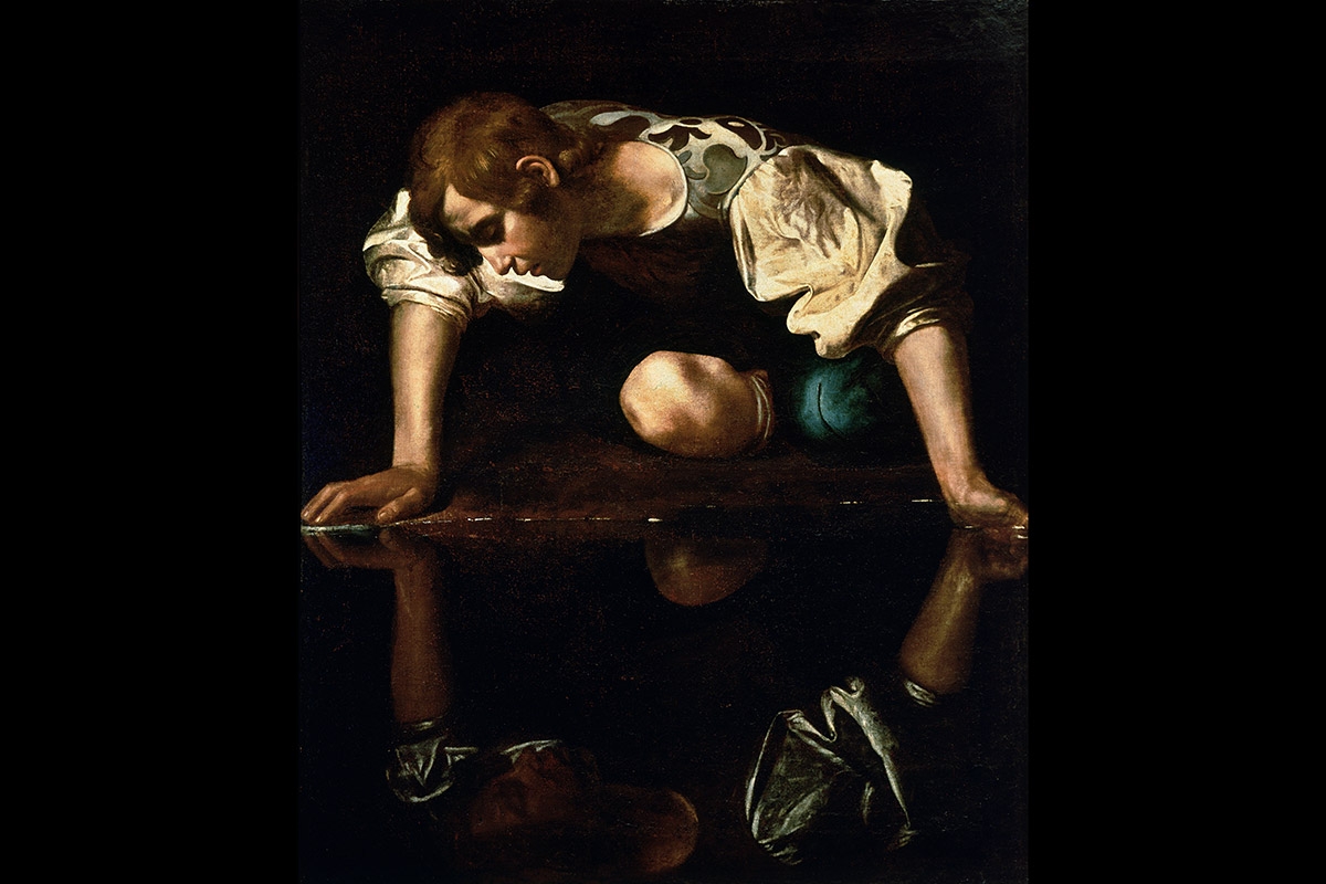 Gemälde: Narziss betrachtet sein Spiegelbild im Wasser