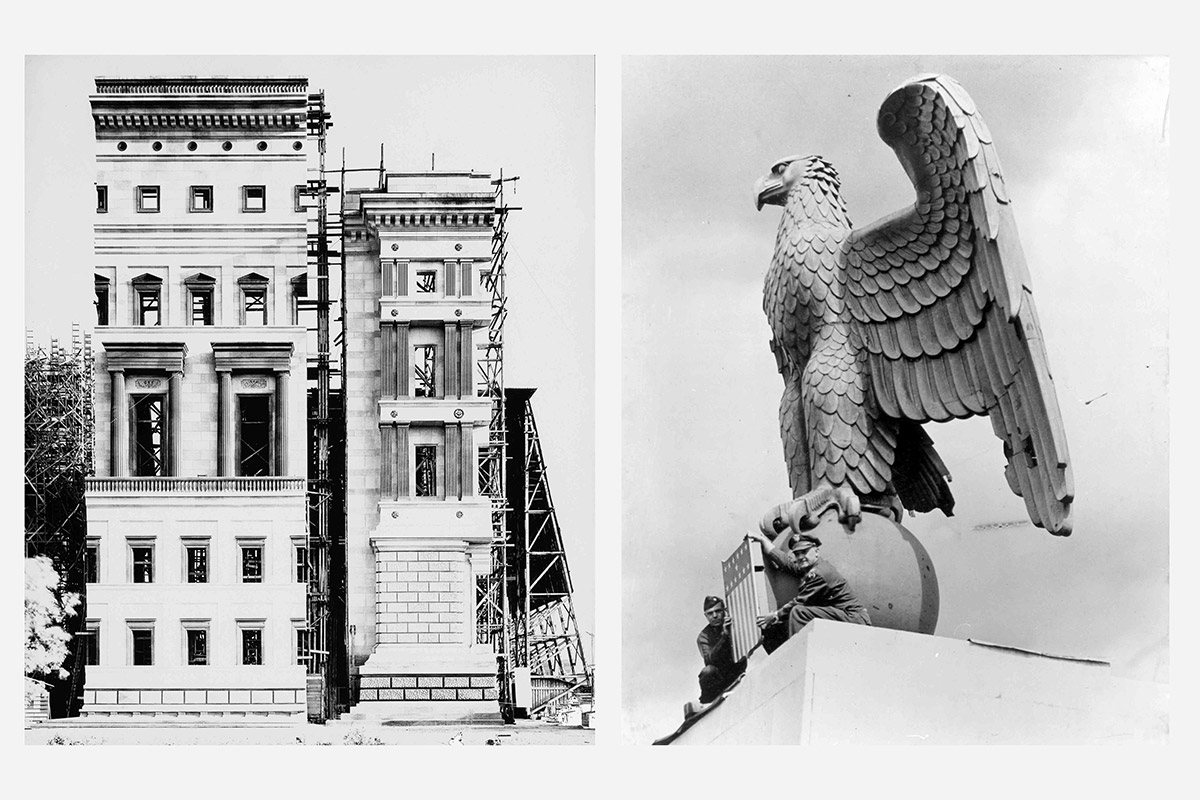 Fassadenmodelle und Adler mit verdecktem Hakenkreuz