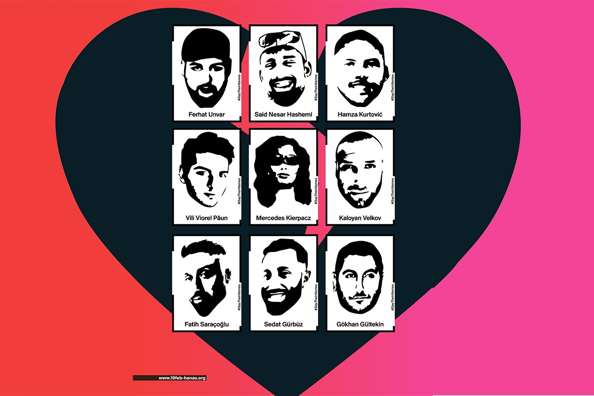 Plakat der Initiative 19. Februar Hanau mit Portraits der Opfer des Anschlags