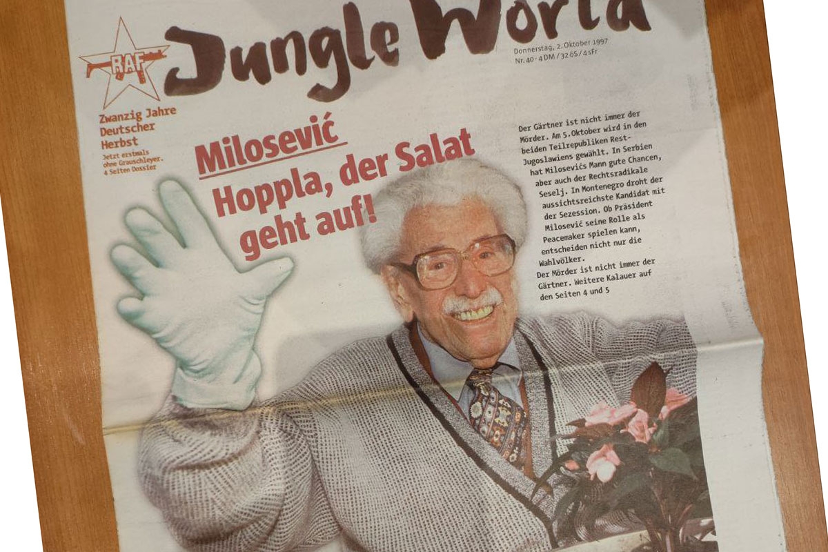 Titelseite mit Willy Millowitsch als Slobodan Milošević unter der Schlagzeile: »Hoppla, der Salat geht auf«