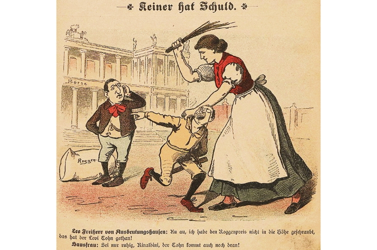 Auch der jüdische Ausbeuter soll nicht geschont werden. Karikatur in der sozialdemokratischen Satirezeitschrift  »Der wahre Jacob«, 1891