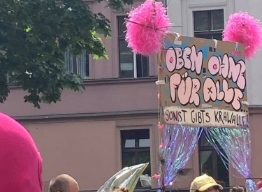 Schild auf Demonstration: "Oben ohne für alle sonst gibts Krawalle"