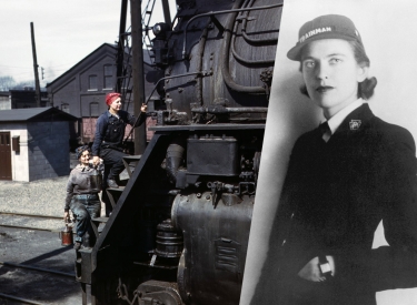 Auch für die ­Reinigung der Lokomotiven wurden in den Kriegsjahren Frauen ein­gesetzt, Clinton, Iowa. Edith Anderson in der Trainman-Uniform der Pennsylvania-Railroad, beides 1943