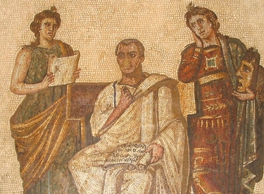 Mosaik zeigt Vergil, Clio und Melpomene