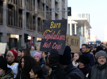 Schild mit Aufschrift: "Burn Capitalism Not Coal" auf Friday For Future Demonstration in Berlin