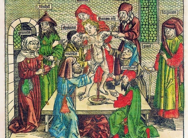 Die Illustration aus Hartmann Schedels Weltchronik von 1493 zeigt einen angeblichen Ritualmord an einem christlichen Kind 1475 in Trient