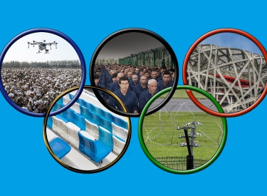 Symbolbild: Olympische Ringe gefüllt mit Bildern, Baumwollfeld, Zwangsarbeiter, Stadion in Peking, Tribüne, Zaun