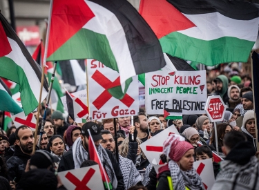 Demo mit vielen Schildern, Transpis und Palästina-Fahnen